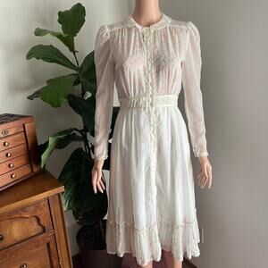 Vintage 70s Candi Jones Sheer Embroidered Prairie Dress